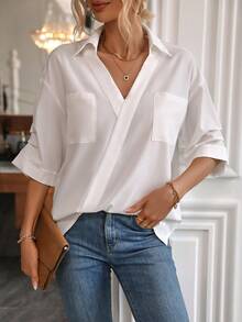 SHEIN Essnce Solid Pocket Patched Drop Shoulder Shirt - White - View 3