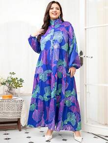 Plus Floral Print Lantern Sleeve Ruffle Hem Arabian Dress - Blue - View 4