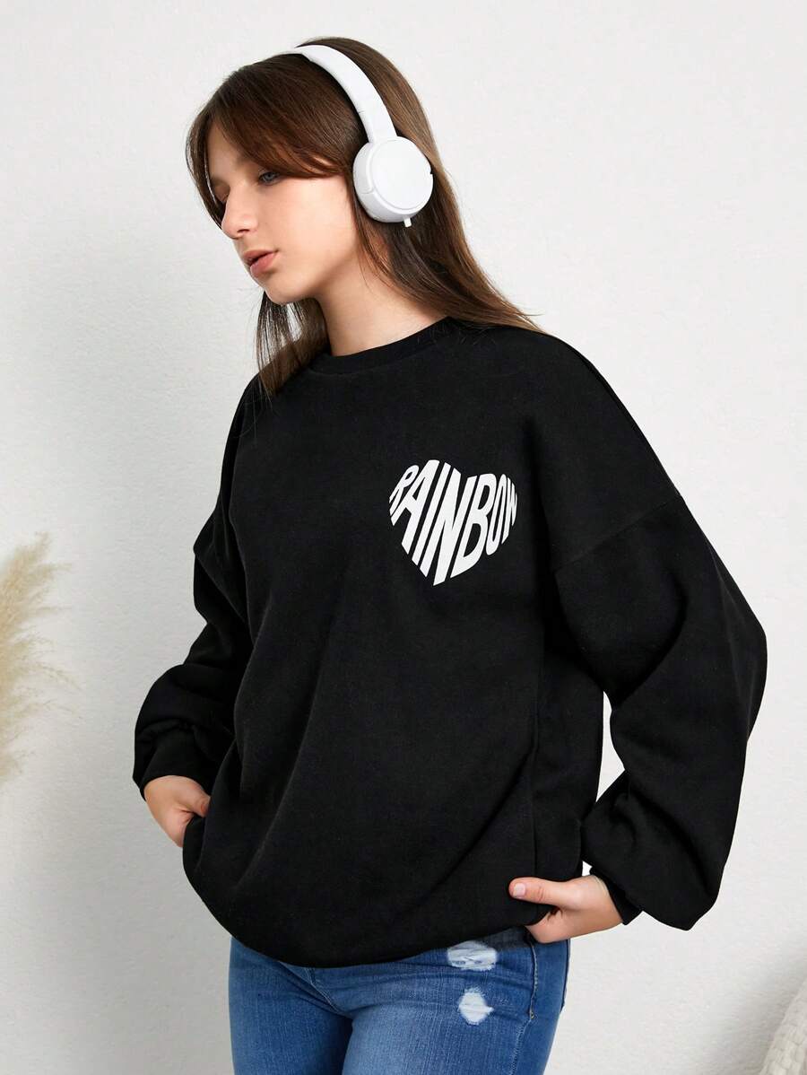 RueChic 青少年女孩字母和心形圖案落肩袖運動衫