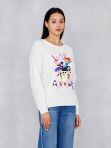 JUSTICE LEAGUE X SHEIN Cartoon & Letter Pattern Drop Shoulder Sweater - Putih - View 5