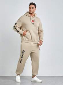 Manfinity VCAY Men Plus Floral Print Drawstring Hoodie & Sweatpants, For Fall Winter - Khaki - View 4