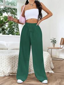 Muchica Solid Knot Waist Wide Leg Pants - Dark Green - View 3