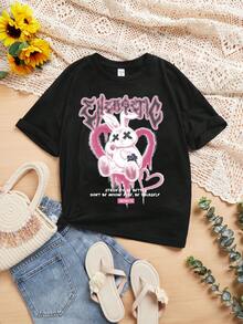 青少女休閒卡通短袖t恤,適合夏季穿著 - 黑色 - 查看 10