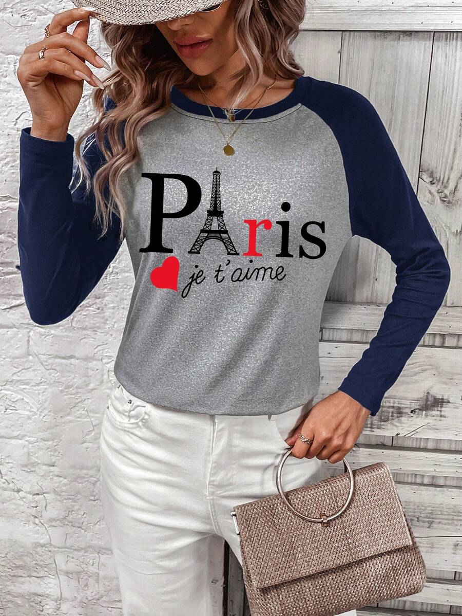 SHEIN EZwear Tower & Slogan 圖案插肩袖 T 卹 - 藏蓝色 - 查看 1