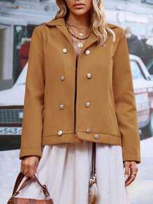 SHEIN LUNE 純色雙排扣大衣 - 卡其色 - 查看 5