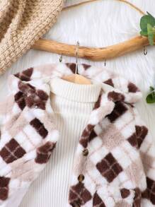 Baby Boy Argyle Pattern Dual Pocket Hooded Teddy Coat Without Sweater - Multicolor - View 5