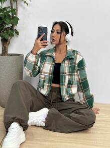 SHEIN Unity 格紋印花落肩袖夾克 - 綠色 - 查看 6