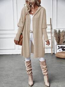 SHEIN LUNE Batwing Sleeve Hooded Duster Cardigan - Khaki - View 5