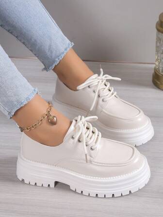 女孩PU皮革瑪麗珍鞋,秋天學院風圓頭繫帶防水台厚下裝樂福鞋