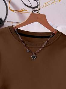 INAWLY Solid Sweatshirt & Drawstring Waist Sweatpants - Coffee Brown - View 4