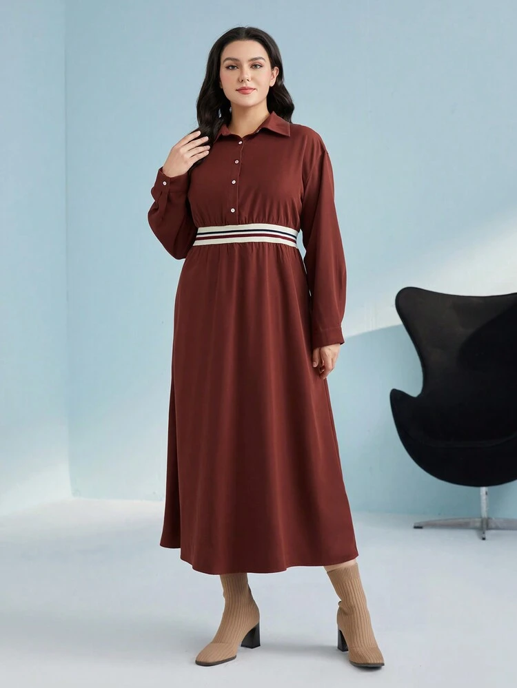 Plus Striped Trim Button Front Dress