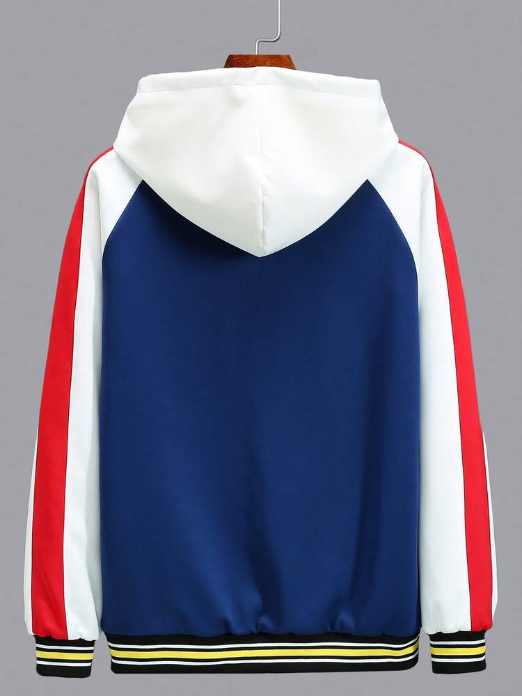 Men Letter Graphic Loose Colorblock Raglan Sleeve Drawstring Hooded Thermal Lined Jacket