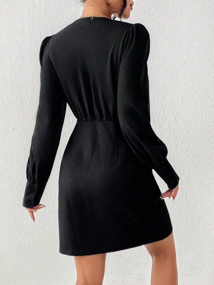 Surplice Neck Button Detail Puff Sleeve Bodycon Dress