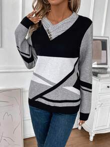 SHEIN LUNE Color Block Button Detail Sweater - Multicolor - View 3