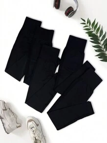 Easithlete 5pcs Solid Tummy Control Sports Leggings Yoga Women Pants - Black - View 5