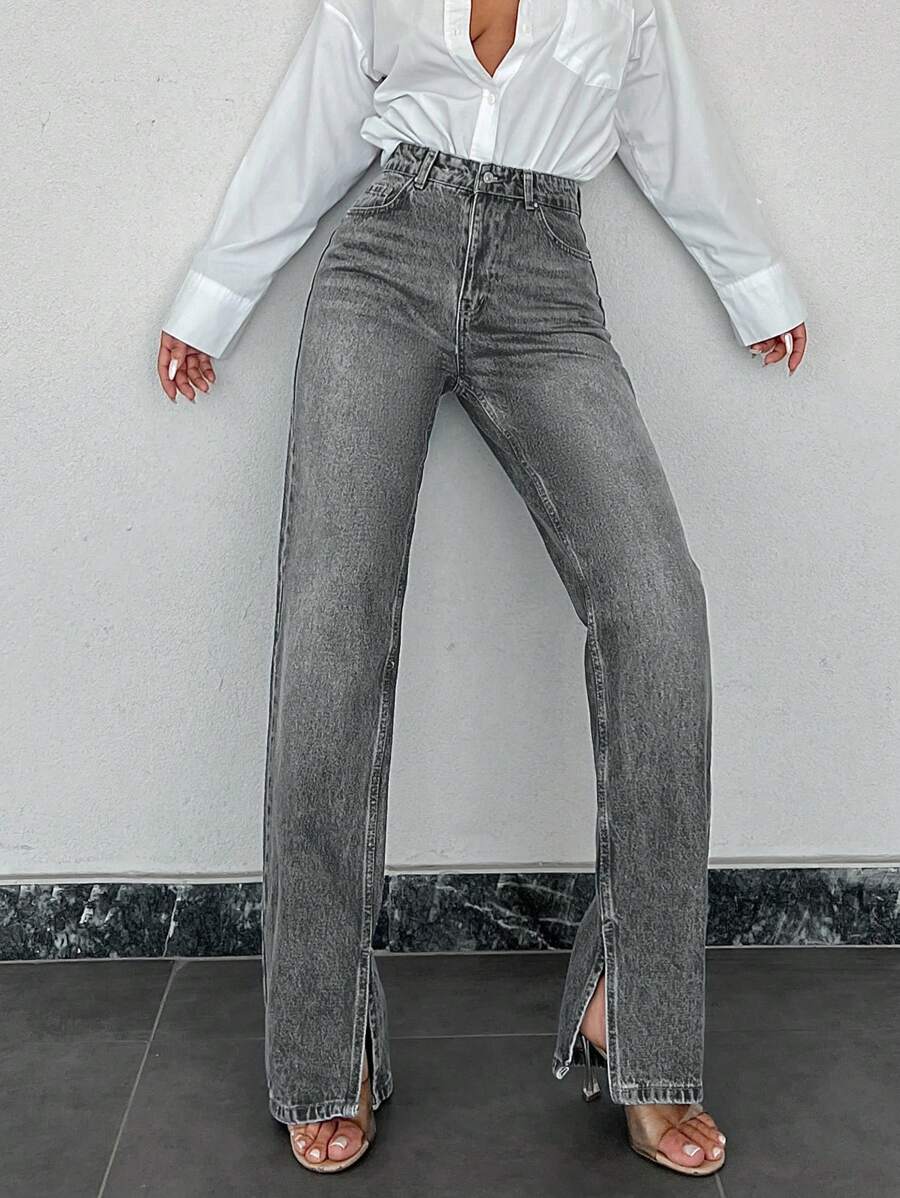 EURMUSE 100%Cotton Split Hem Straight Leg Jeans - Grey - View 1