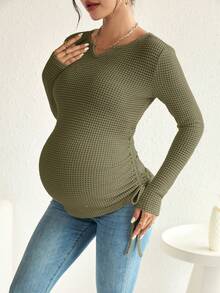 SHEIN 孕婦缺口領側抽繩T恤 - 軍綠色 - 查看 8