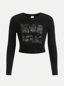 Tween Girls' Basic Casual Knit Round Neck Long Sleeve T-Shirt With Letter Print - Black - View 1