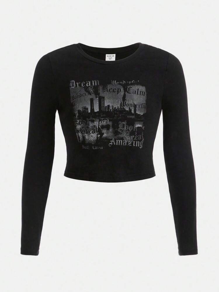 Tween Girls' Basic Casual Knit Round Neck Long Sleeve T-Shirt With Letter Print