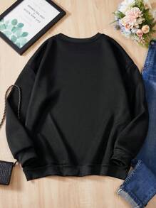 SHEIN EZwear Plus Figure Graphic Thermal Lined Sweatshirt - Black - View 2