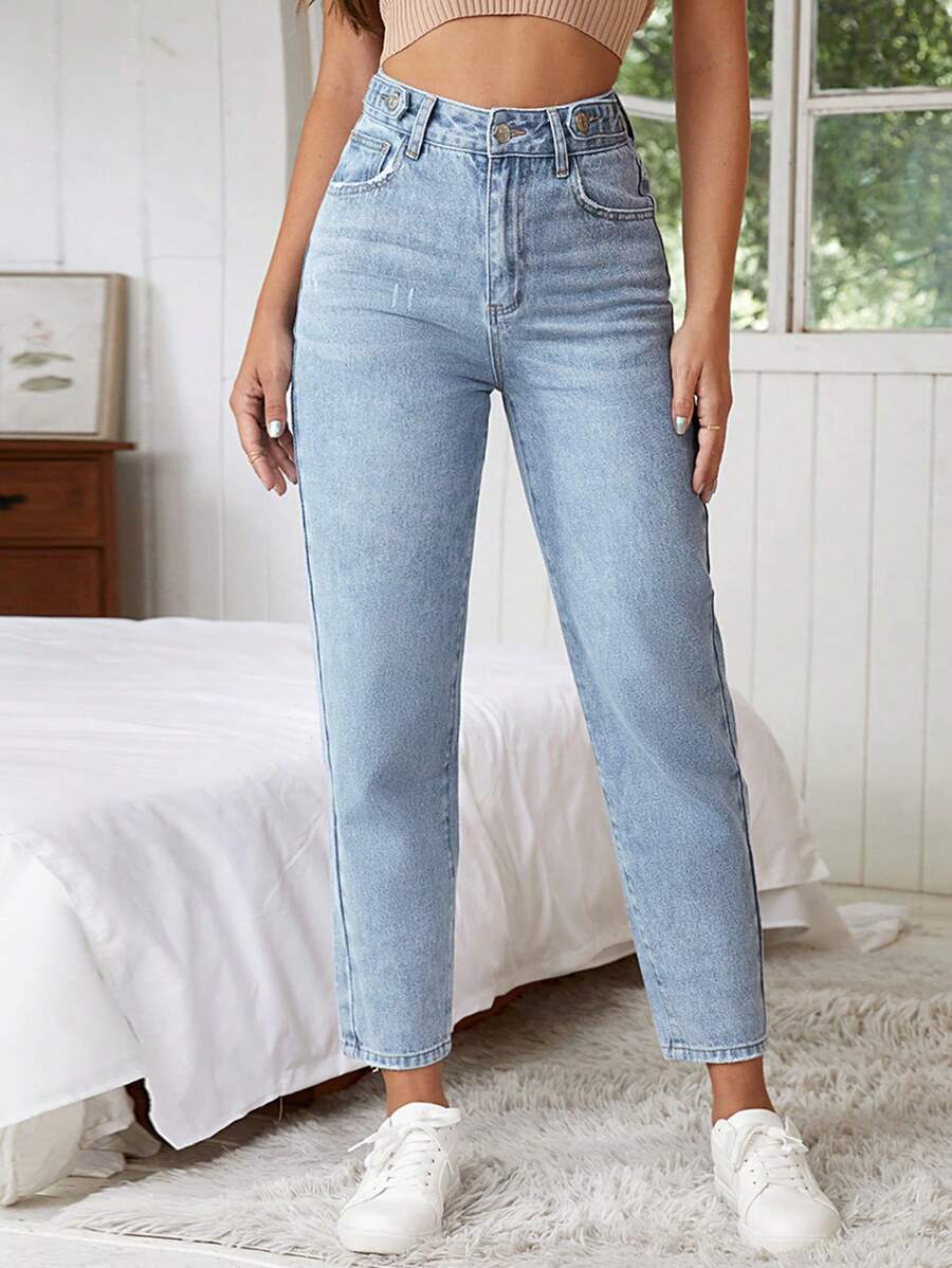 EURMUSE High Waist Mom Fit Jeans - Light Wash - View 1