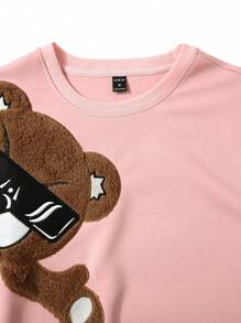 Manfinity Homme Loose Fit Men's Contrast Fuzzy Sweatshirt With Bear Embroidery - Pink - View 4