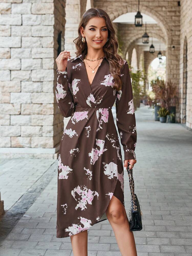 Floral Print Belted Asymmetrical Hem Shirt Dress Fall Cloth For Women