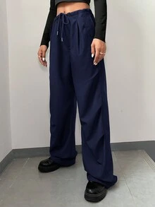 SHEIN Coolane 腰部抽繩闊腿褲 - 藏蓝色 - 查看 3