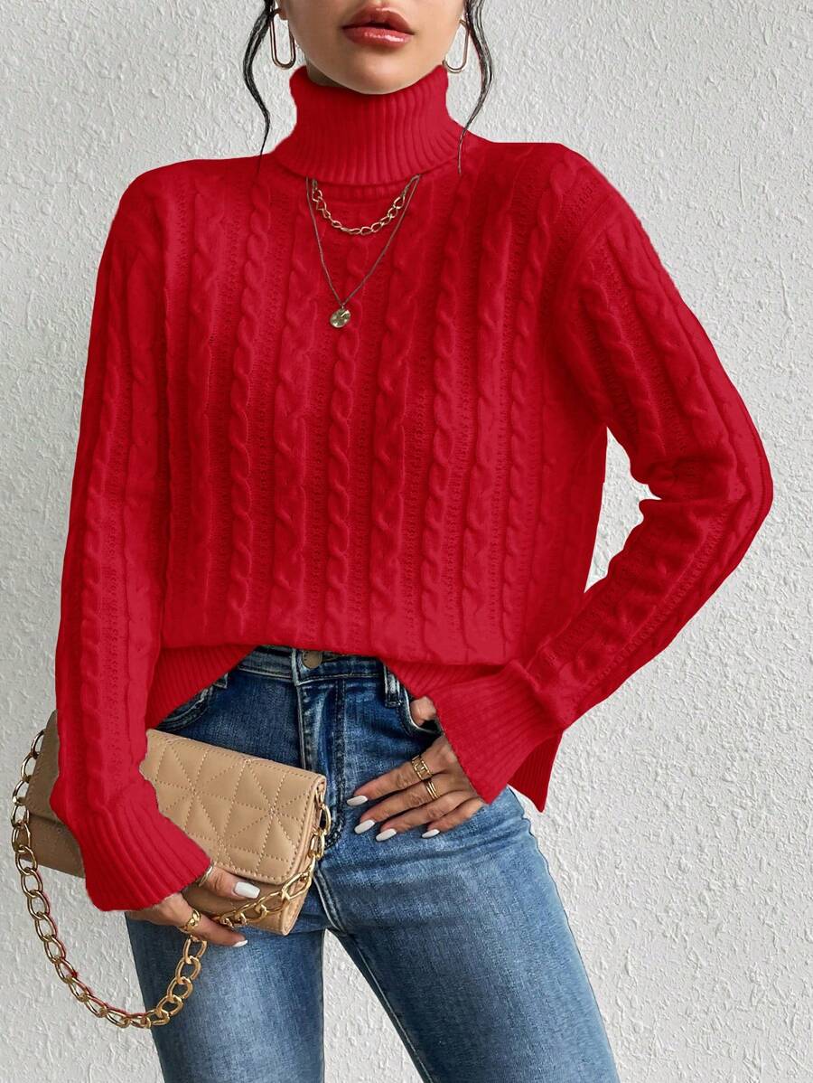 SHEIN Privé Áo cao cổ Xoắn Dan Viền chia cắt Thả vai Áo len - Đỏ - Xem 1