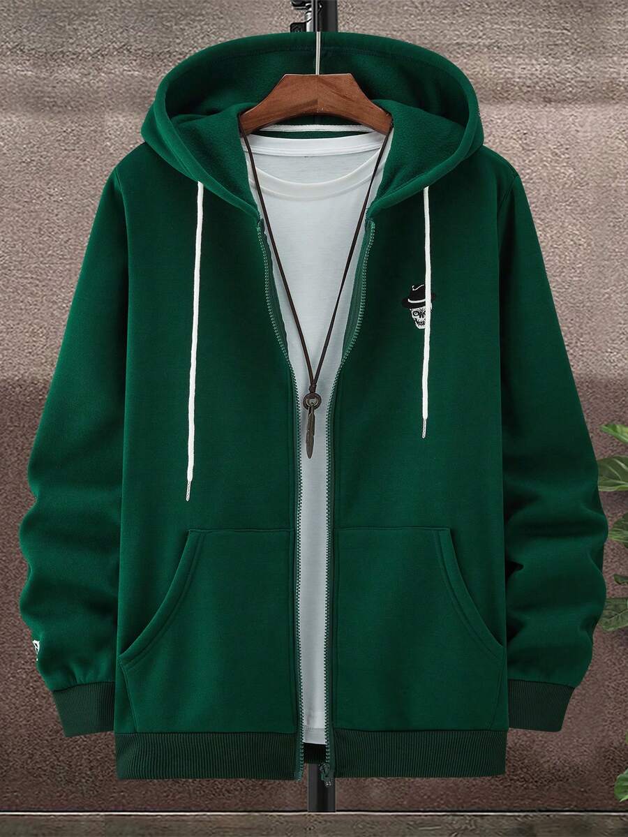 Manfinity Hypemode Men Letter & Skull Embroidery Zip Up Drawstring Thermal Lined Hoodie Without Tee - Dark Green - View 1