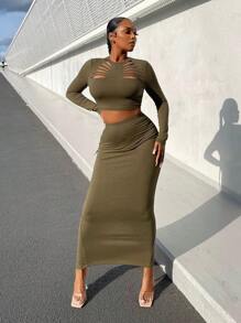 SHEIN SXY Solid Color Cut-Out Design Slim Fit 2pcs Set - Army Green - View 3