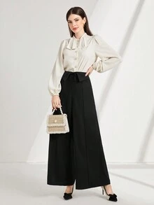 Modelyn 素色折疊腰闊腿西裝褲 - 黑色 - 查看 5