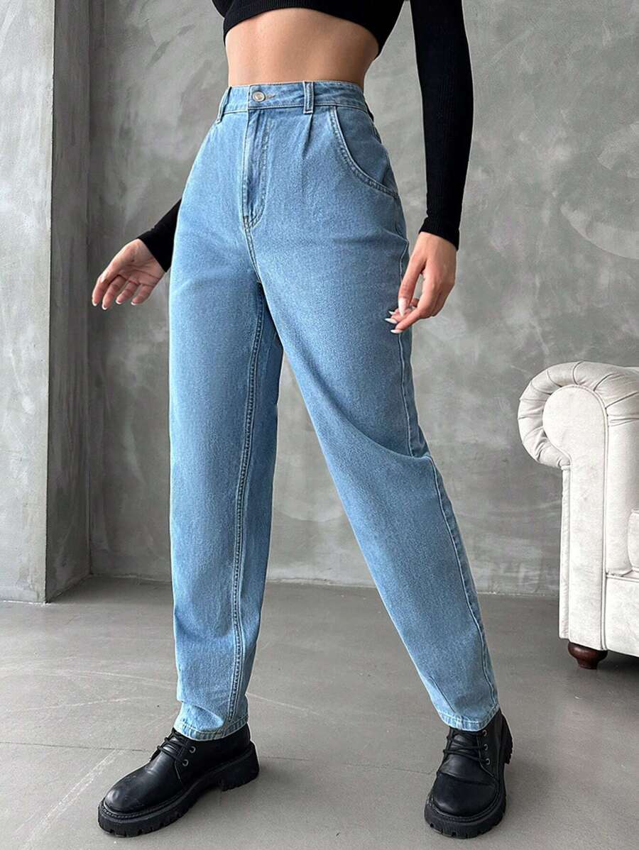 RueChic بنطلون جينز مدبب موحدة اللون بدون حزام