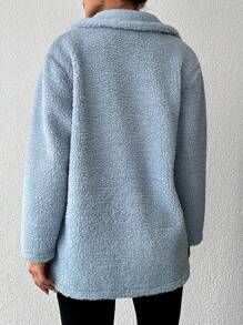 RueChic Single Button Teddy Jacket With Suit Collar - Blue - View 2