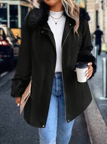 SHEIN LUNE Plus Fuzzy Trim Zipper Phía Trước Áo Khoác Parka Đệm Quần Áo Mùa Đông - màu đen - Xem 1