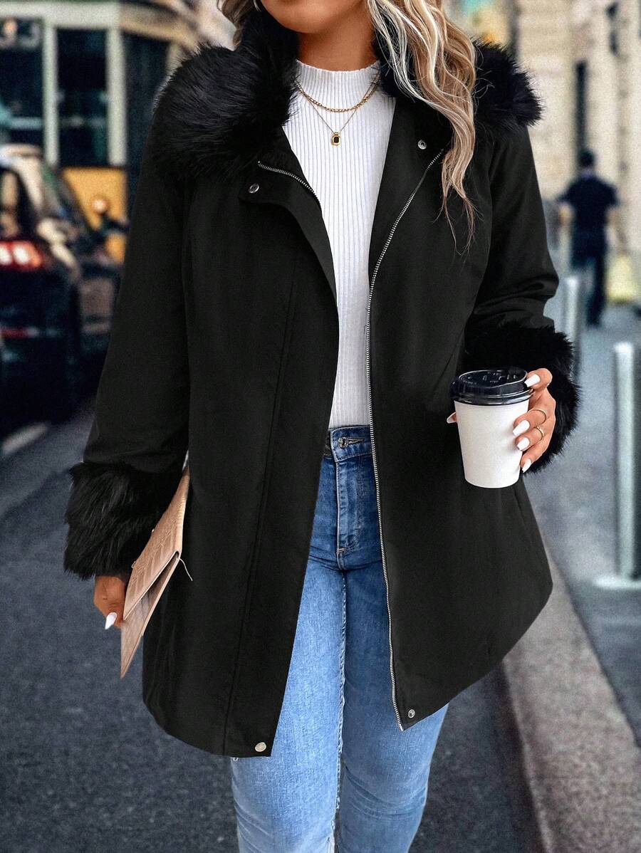 SHEIN LUNE Plus Fuzzy Trim Zipper Phía Trước Áo Khoác Parka Đệm Quần Áo Mùa Đông - màu đen - Xem 1