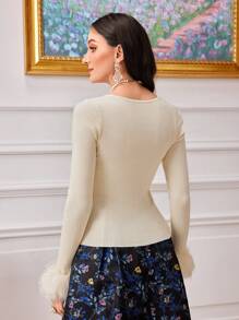 Modelyn Twist Front Fuzzy Cuff Sweater Knit Pullover Fall Winter Outfit - Apricot - View 2