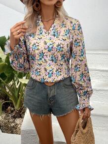 SHEIN VCAY 滿版印花荷葉袖襯衫