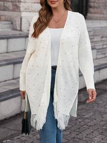 SHEIN Clasi Hơn Ngọc trai đính cườm Fringe Hem Thả vai Áo len Duster - trắng - Xem 3