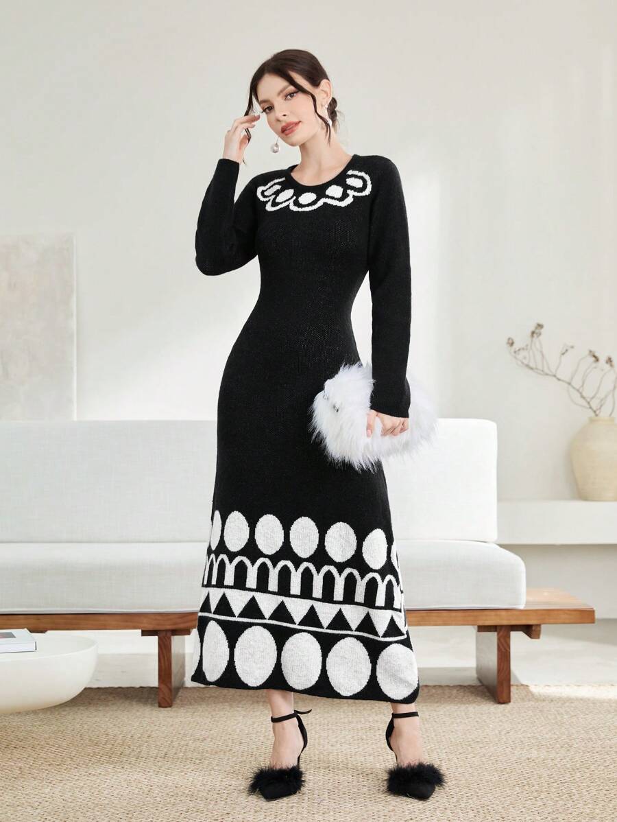 Modelyn 幾何圖案毛衣裙 - 黑與白 - 查看 1