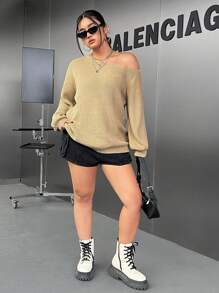 SHEIN EZwear Talla grande Jersey de cuello asimétrico de hombros caídos - Caqui - Ver 3