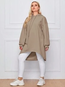 Mulvari Plus Drop Shoulder High-low Hem Drawstring Hoodie - Khaki - View 4
