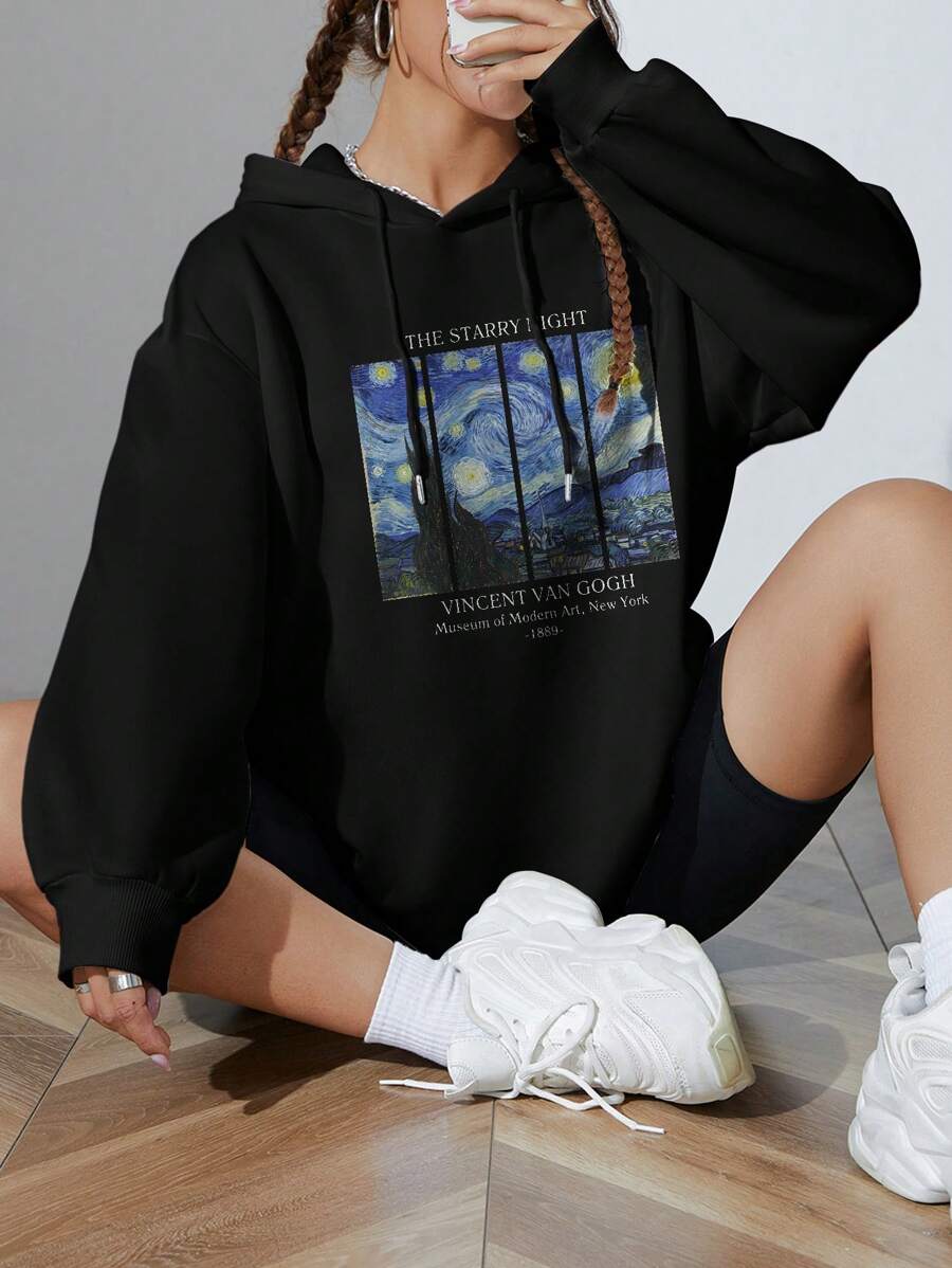 INAWLY 标语和油画图案落肩抽绳保暖内衬连帽衫 THE STARRY NIGHT，长袖上衣