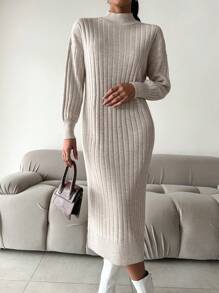 EURMUSE Women's Turtleneck Solid Color Drop Shoulder Ribbed Knit Sweater Dress, No Belt - Beige - View 5