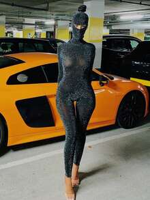 Solid Glitter Unitard Jumpsuit With Mask - Black - View 3