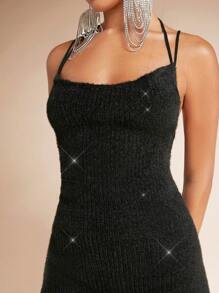 SHEIN BAE Crisscross Ca-vát Backless Váy len yếm - màu đen - Xem 5