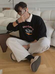 DAZY Men Contrast Collar Letter & Figure Graphic Drop Shoulder Sweatshirt - Black - View 7