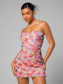 SHEIN BAE Floral Appliques Tube Bodycon Dress - Pink - View 5