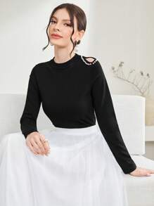 Modelyn Faux Pearls Beaded Cut Out Shoulder Knit Pullover Fall Winter Sweater - Black - View 1