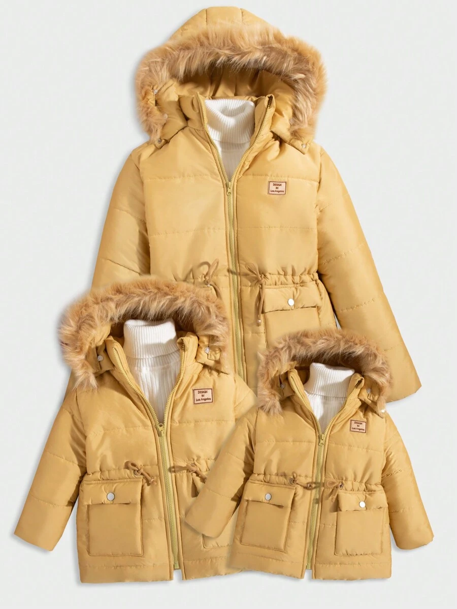 SHEIN Girls' Collar Hooded Padded Coat, Mother And Daughter (3 Pieces Sold Separately) - Apricot - View 1